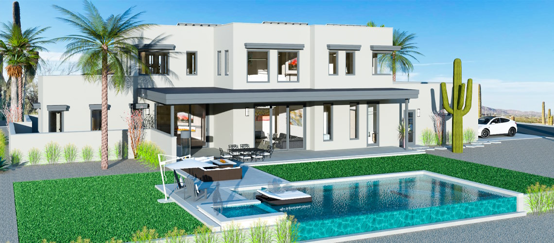 Modern home design with flat roof and backyard pool