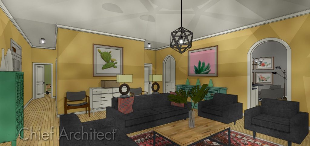 Family room with arched doorways and crown molding.
