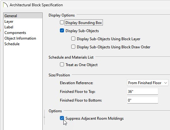 In the Architectural Block Specification make sure Suppress Adjacent Room Moldings is checked.