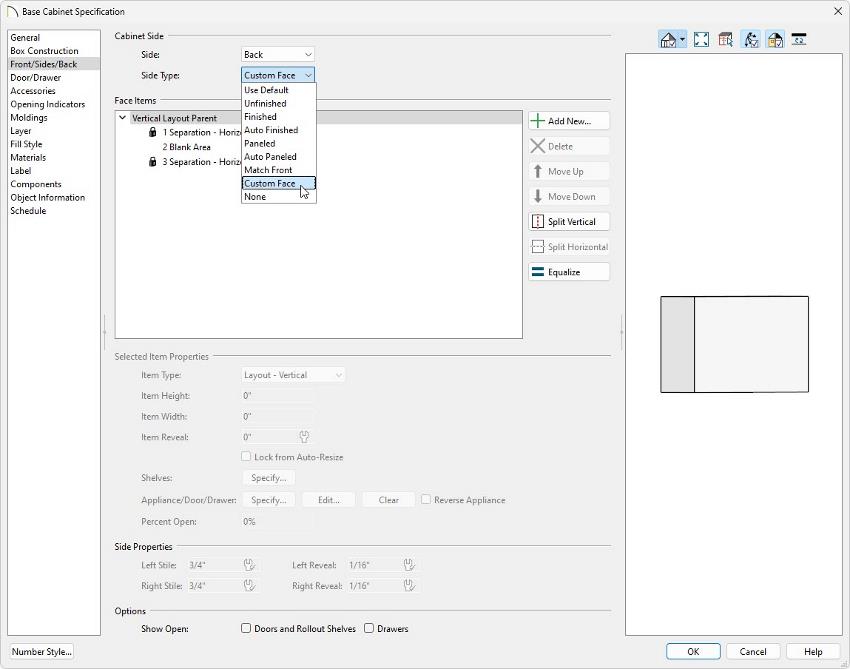 Select the Back Side of the cabinet, and change the Side Type to Custom Face.