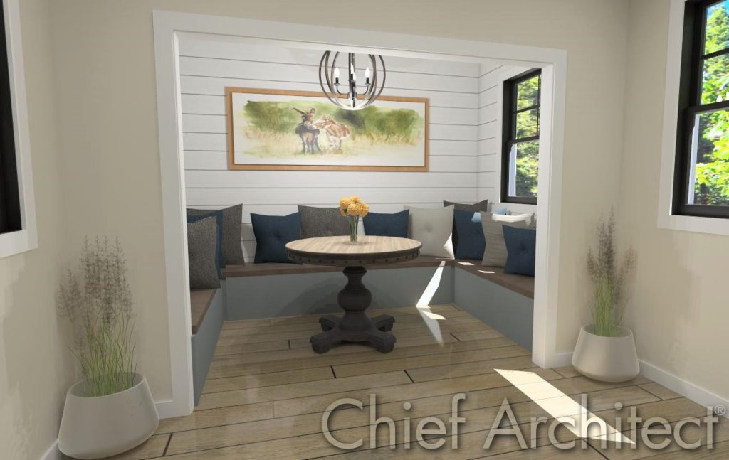 Spotlight alcove with seating area and shiplap accent wall