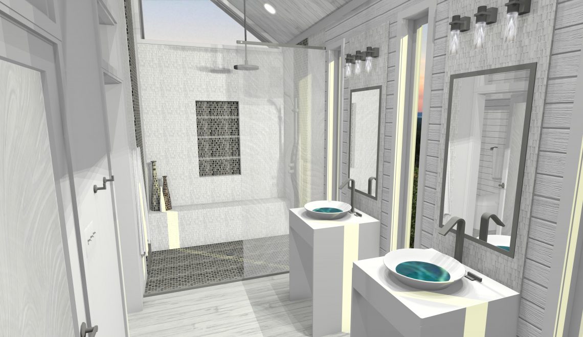 Primary bath with walk-in glass shower, double vanity and sloped ceiling.