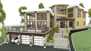 Three levels sitting upon a sloped lot with lots of windows, this contemporary yellow house has opposing shed and barrel roofs with exposed beams, a patio over the garage, and a grand entrance with 3 flights of stairs leading up the hill.