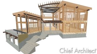A view of a contemporary houses framing, with curved beams, posts, and structural elements highlighted in contrasting colors.