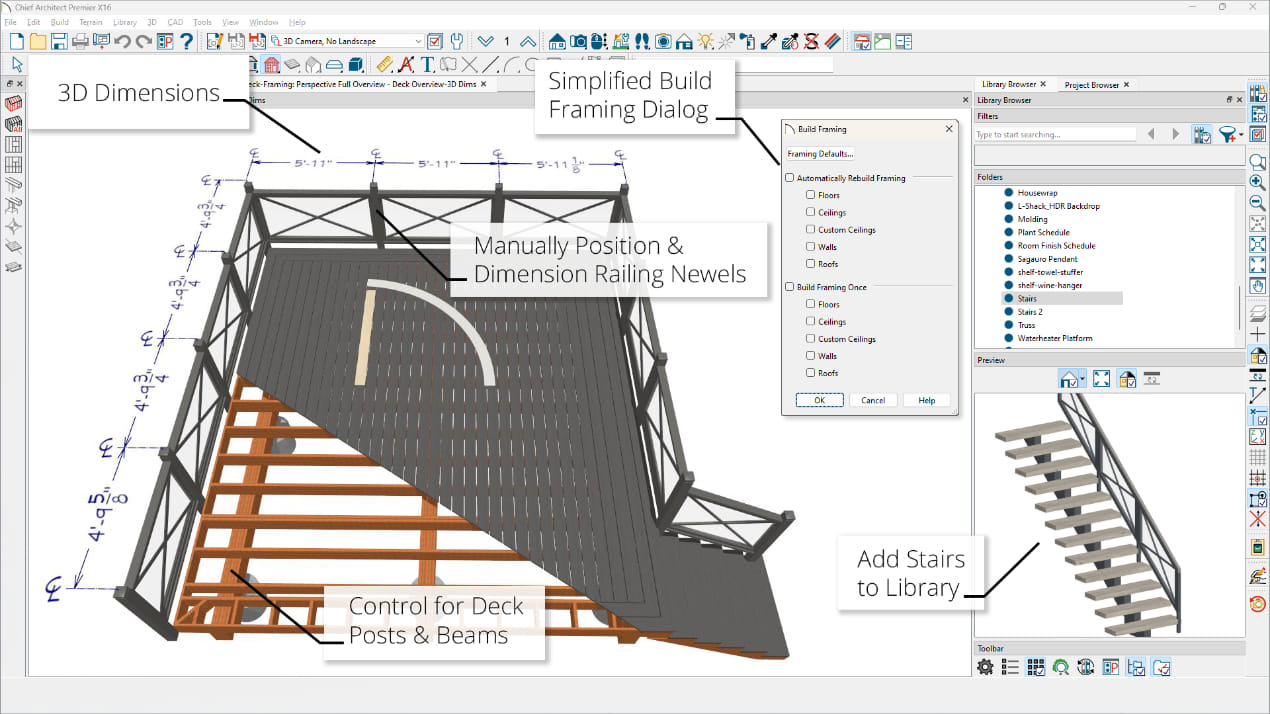 Render of deck cut away to show framing and 3D dimensions. New building and construction features call out controls for beams, posts and railings.