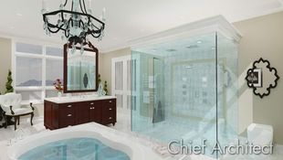 An elegant, open layout bathroom featuring Carrera marble, a two sided vanity, ornate mirror, freestanding tub, crystal chandelier, and glass-sided steam shower capped with crown molding.
