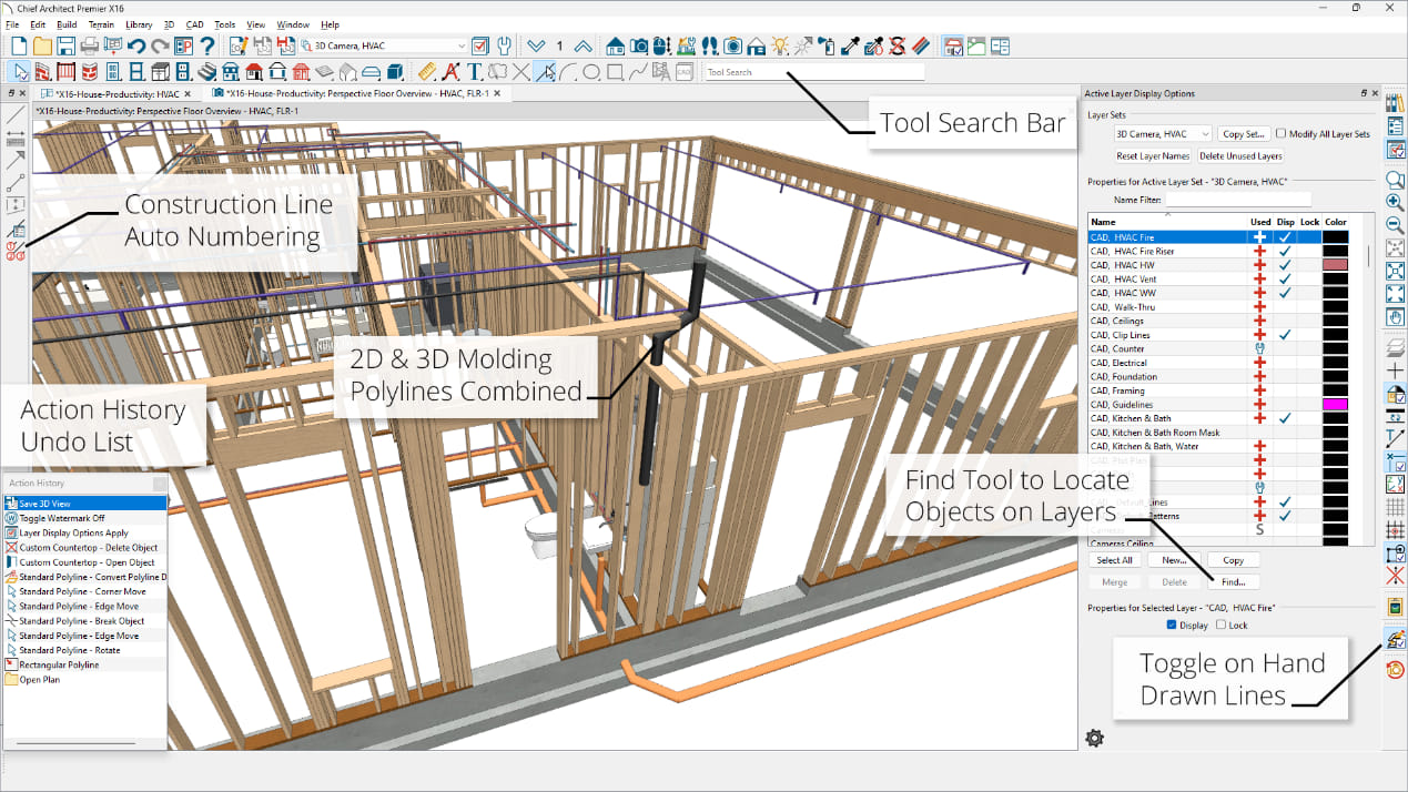 3D house framing render with 3D plumbing HVAC, callouts to new productivity software features for undo history, find and search tools.