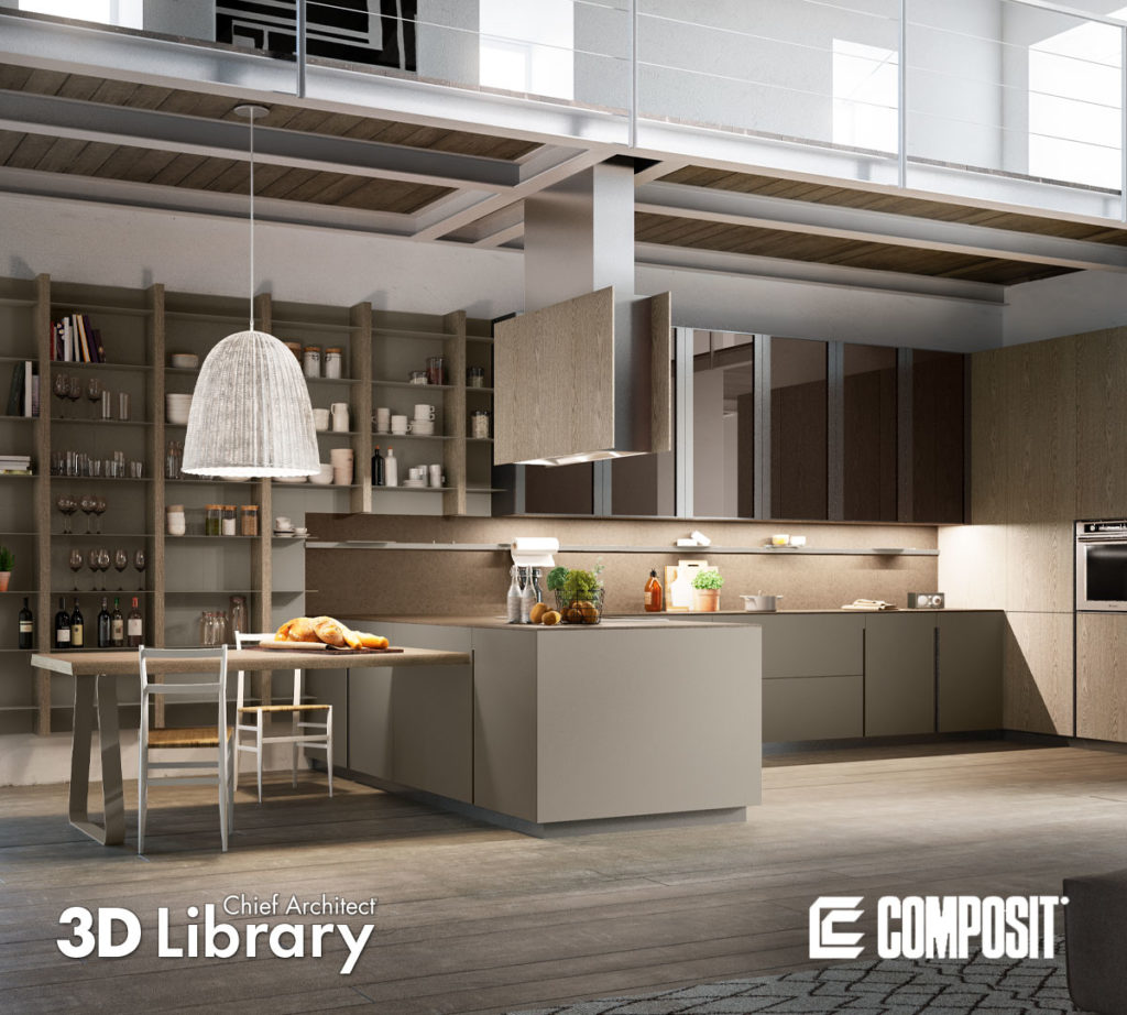 Beige, modern kitchen under a catwalk has eat-in dining and storage behind.
