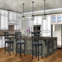 Custom kitchen interior rendering with a large center island and hardwood floors.