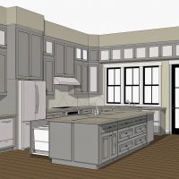 Large, l-shaped kitchen with a custom island and large windows over the sink.