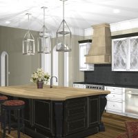Custom kitchen interior rendering with a large center island and hardwood floors.