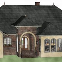 Custom, stucco home with brick accents and a large, entryway with rounded arch and doorway.