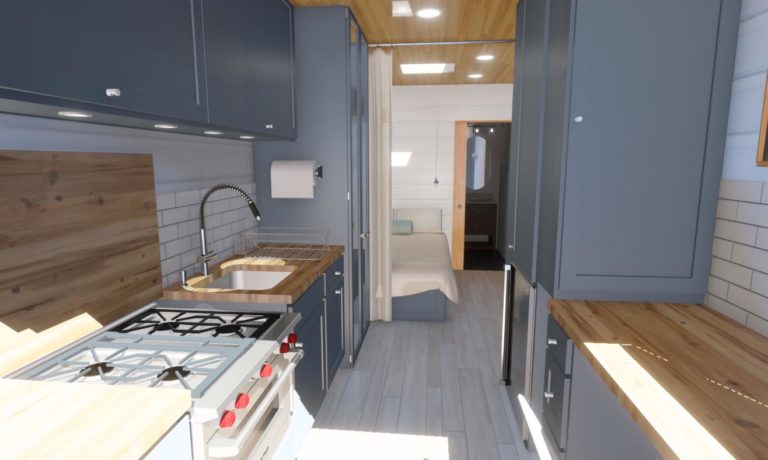 Rendering of a remodeled U-Haul converted to living space.