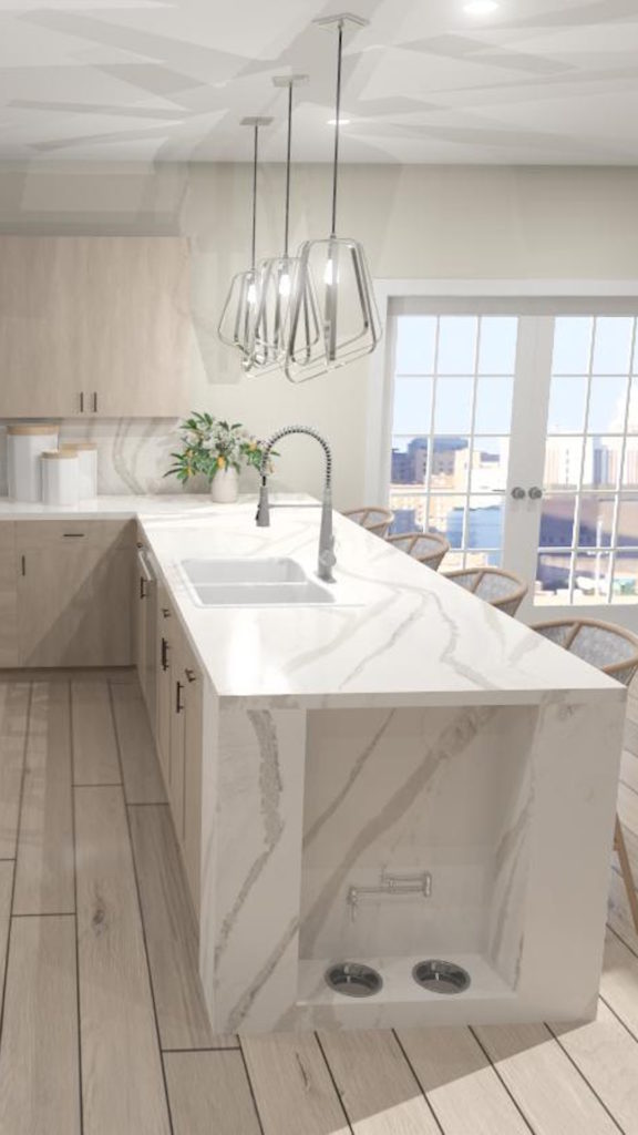 Modern kitchen with built-in animal feeding and watering station.