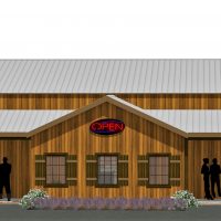 Bills Catfish and Steaks, custom steakhouse exterior rendering with log siding and decorative columns.