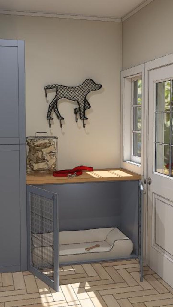 Blue base cabinet with a pet bed and countertop space for treats or toys.