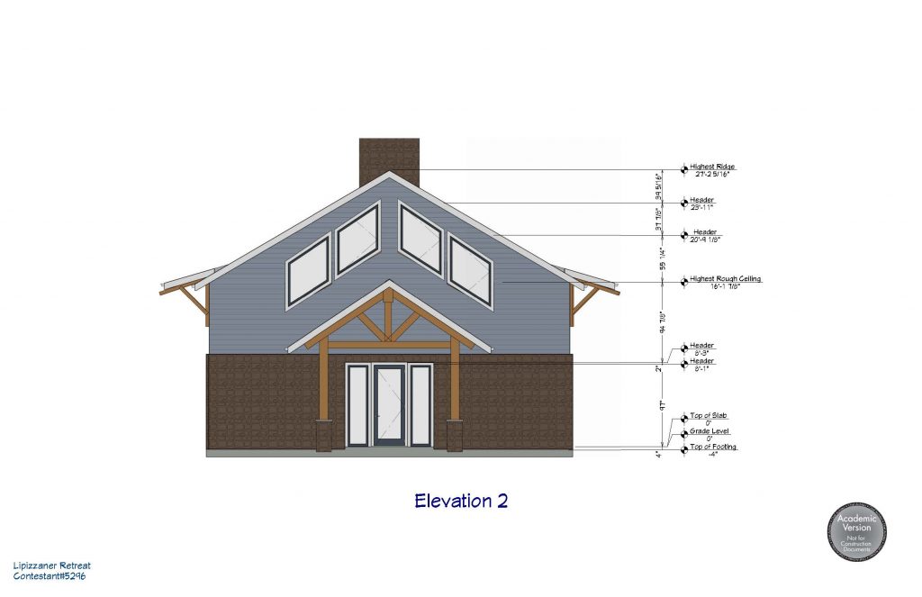 Front elevation of a barn with living quarters on the second floor.
