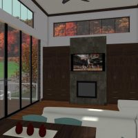 Open and bright living and dining room with built-ins, a gas fireplace and tall ceilings.