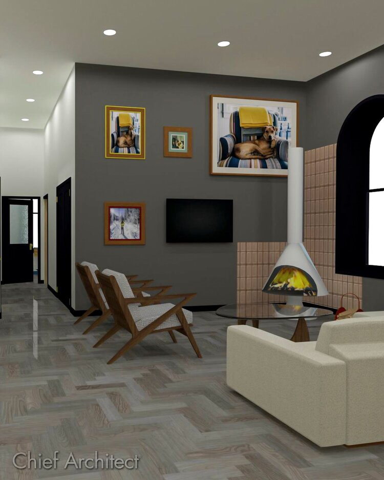 Living room rendering with custom fireplace and photo wall.