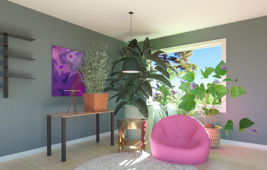 Seating space with a maximalist design feel with bright colors and plants