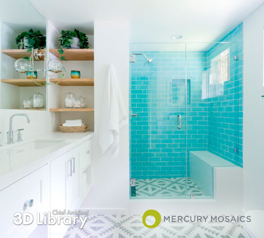 White bathroom with walk-in shower, wood shelves, and vibrant teal wall tile.