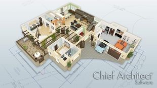 This technical drawing is a perspective overview looking into the first floor of a modern Mediterranean house in order to show off the open living space with fireplace, inner courtyard and patio area, owner's suite, garage, and guest suite.