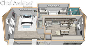 perspective overview of a large bedroom with attached bathroom and walk-in closet in shades of white and beige