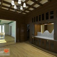 grid tray ceiling and mirrored backsplash