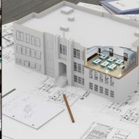 dollhouse view with drawing imposed underneath