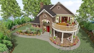 Deck on a 2nd floor, sheltering a patio below, can be interesting; more interesting still is when the edge of the deck is curved to make the space a semi-circle.