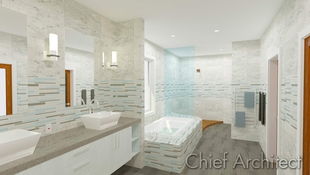 Carrera marble, glass strip tile, floating vanities with vessel sinks, and open shower access are all elements in a bright contemporary kitchen.