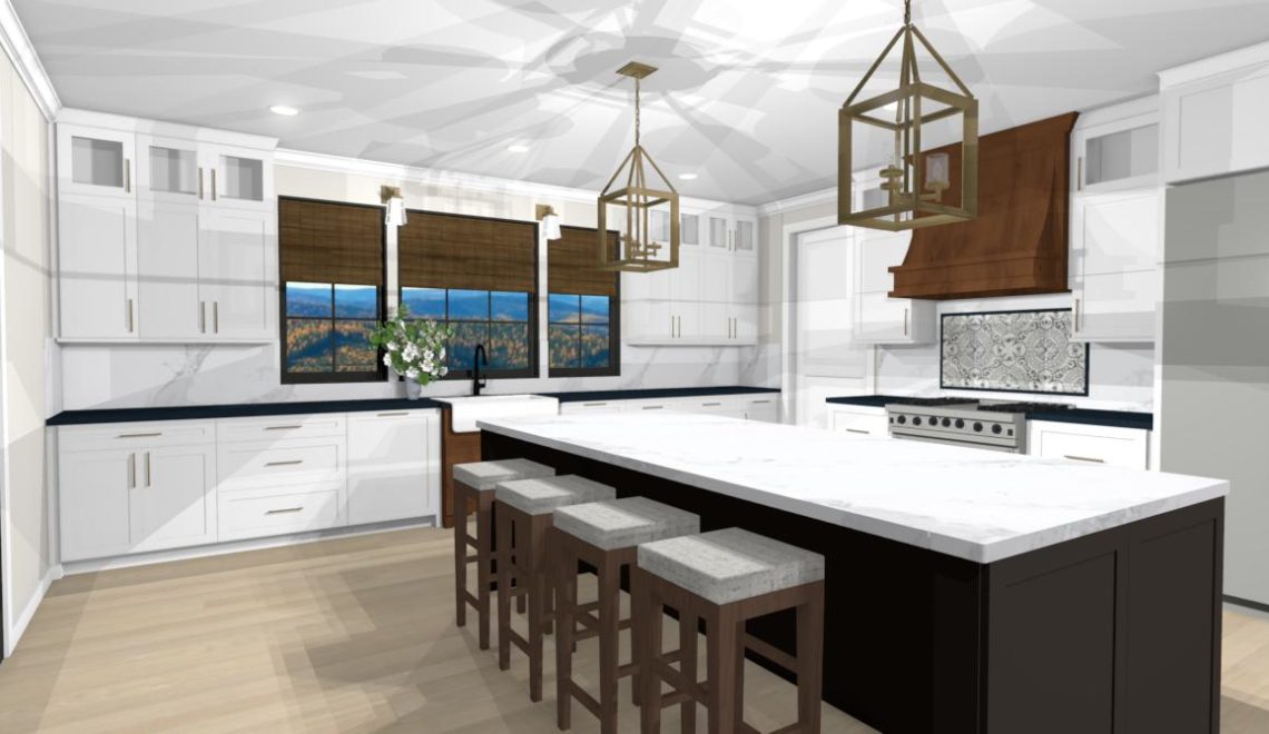 Warm modern kitchen design with large windows and gold cabinet hardware.