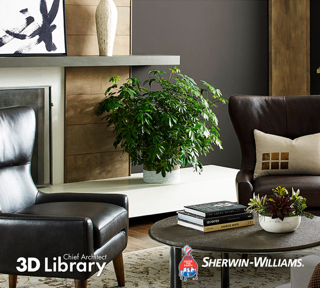 Dark brown tones in a living room with two arm chairs, a coffee table, and house plants next to a contemporary fireplace hearth.