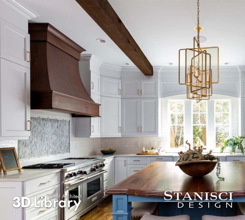 Traditional kitchen with blue table island, light grey cabinets, and a large dark wood hood.