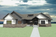 2-story rancher with rustic, timber entry.