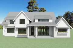 2-story farm house with white siding and a gray, metal roof.