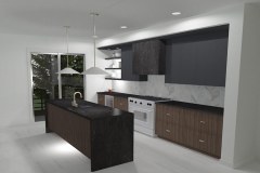 Abe Neufeld's unique kitchen with dark cabinets and light-colored walls.