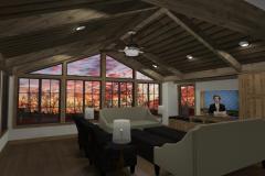 Family room with floor to ceiling windows, vaulted ceiling and exposed beams