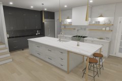 Kitchen with open shelving and a black marble accent wall