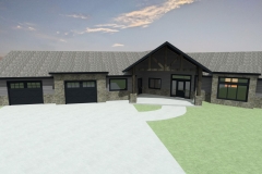 Large, rancher with 2-car garage, gray siding and exposed timber truss over entry.