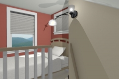 Bunk bed with wall mounted reading light, accordion blinds and red accent wall.