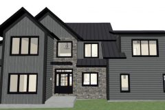 Cody Corbin's Two-story residential design with a dark gray shiplap exterior and large open windows.