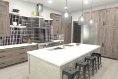 Modern kitchen with wood finish on cabinets and black, tile backsplash.