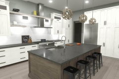 Modern kitchen with white cabinets, gray walls and a large island with wood finish.