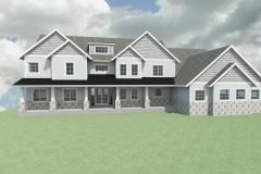 Large farmhouse with gray siding and white trim.