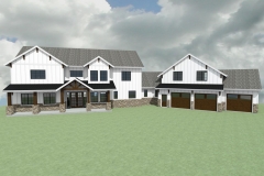 Rustic farmhouse with white siding and timber framing.