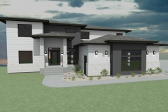 Contemporary house with white and gray siding and black trim.