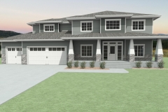 Traditional house with gray siding and white, front porch columns.