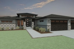 Modern exterior with brick and stucco.