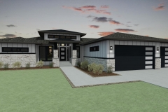 Modern exterior with brick and white lap siding.